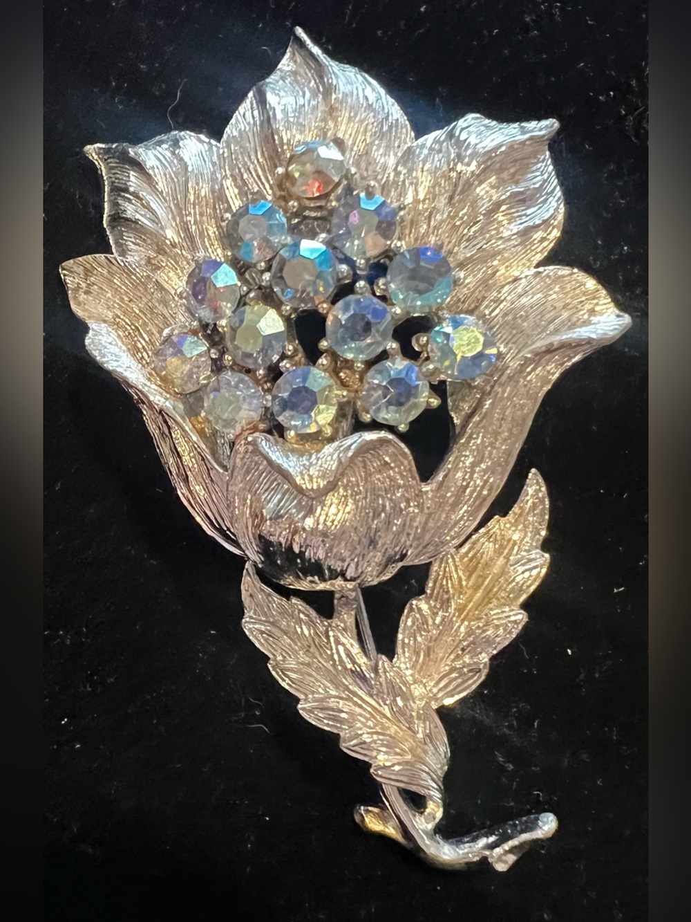Vintage Coro Aurora Borealis Blue Rhinestone Flower Brooch Silver Tone Pin